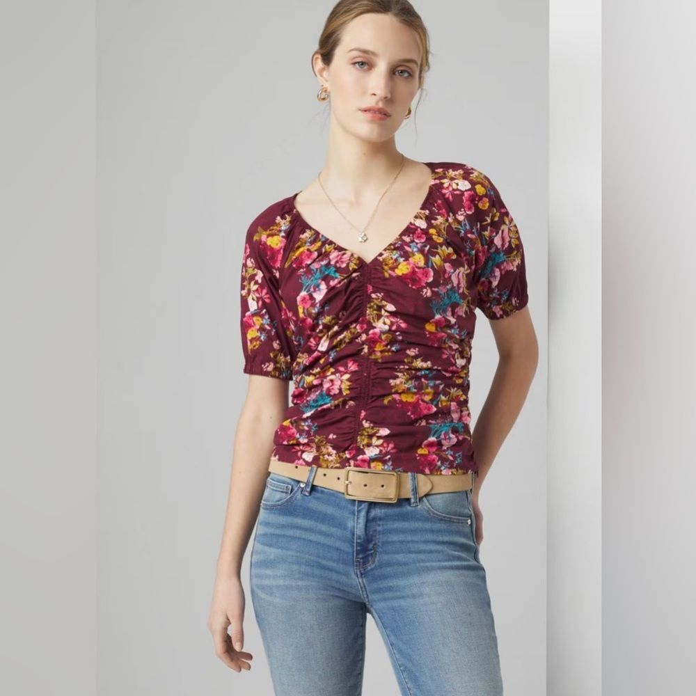 White House Black Market Ruched Front Poplin Top SZ M Side Zipper V Neck Wine